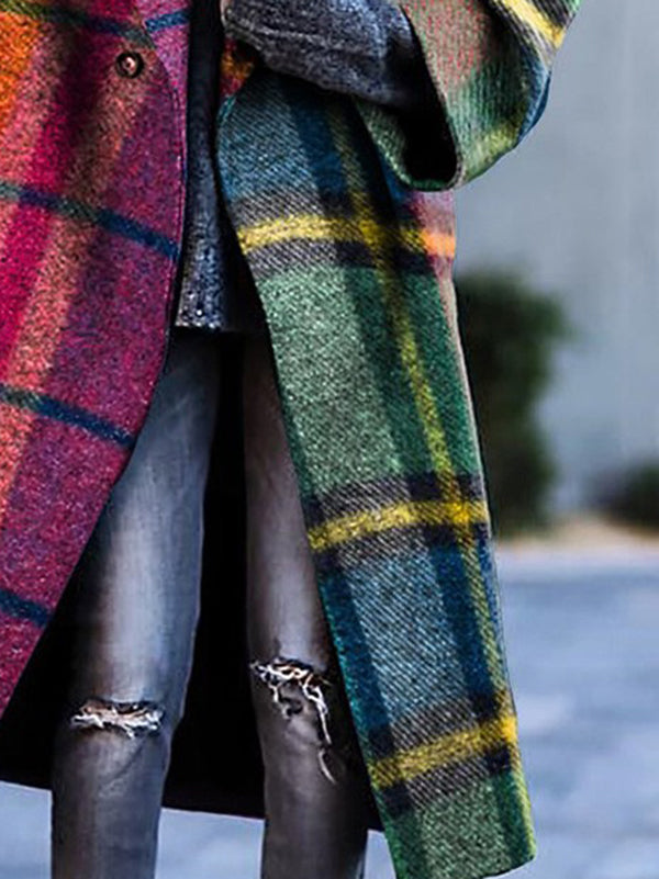 Plaid Woolen Coat with Long Sleeves and Contrast Color Split-Joint Lapel