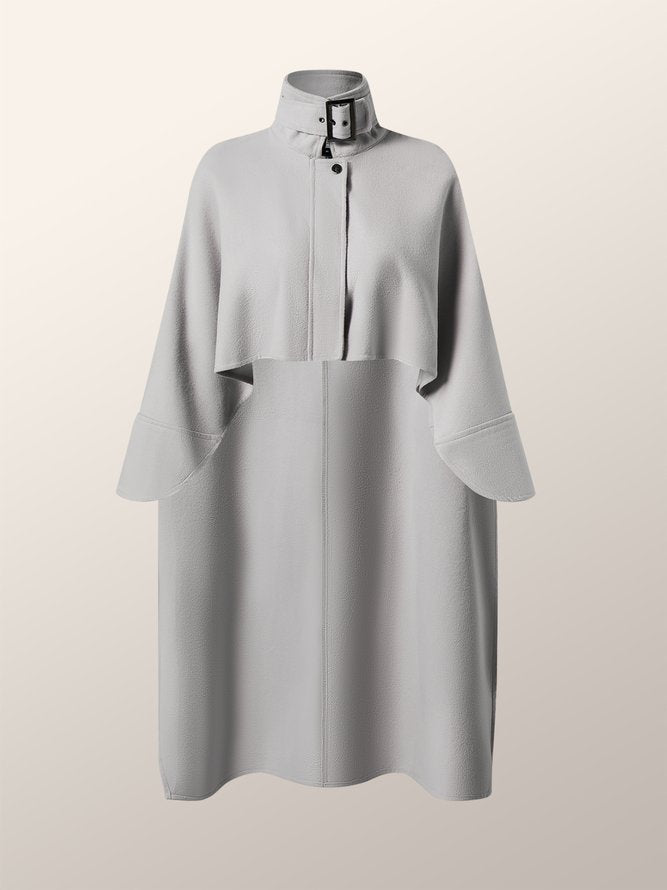 Relaxed Fit High-Low Solid Color Cape Jacket with Stand Collar