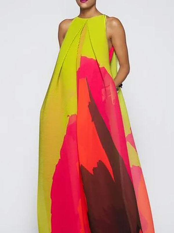 Flowy Sleeveless Multi-Colored Round Neck Maxi Dress