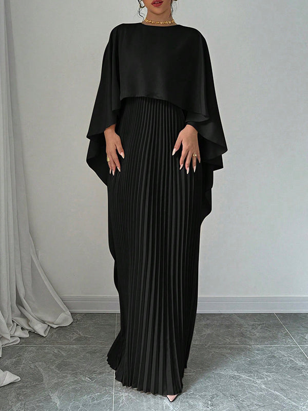 Maxi Evening Dress with Cape, High-Low Pleated Design, Solid Color, and Round Neck