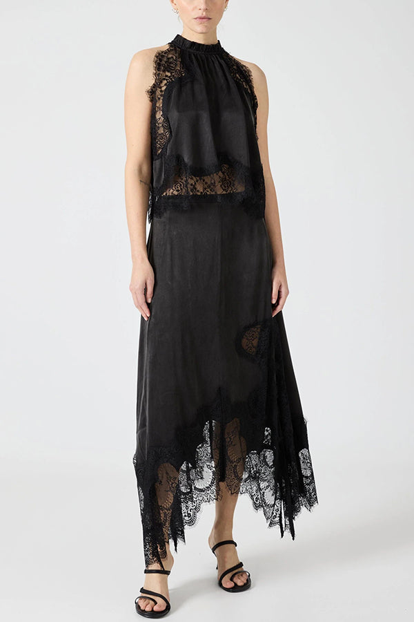 Lace-Trimmed Pleated Collar Top with Asymmetrical Slit Skirt Set