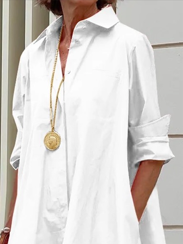 Loose-Fit Midi Shirt Dress with Long Sleeves and Lapel Collar in Solid Colors