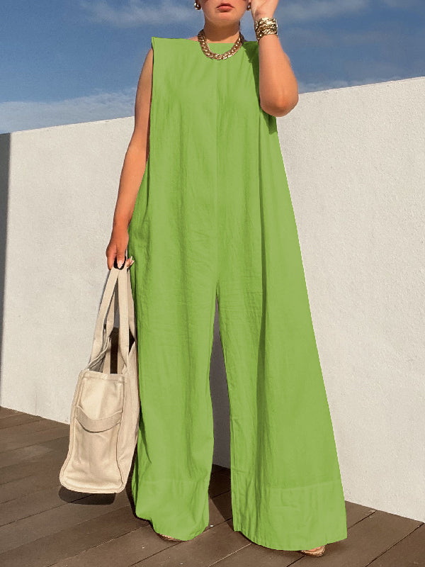 Sleeveless Wide-Leg Jumpsuit with Shoulder Pads in Solid Colors