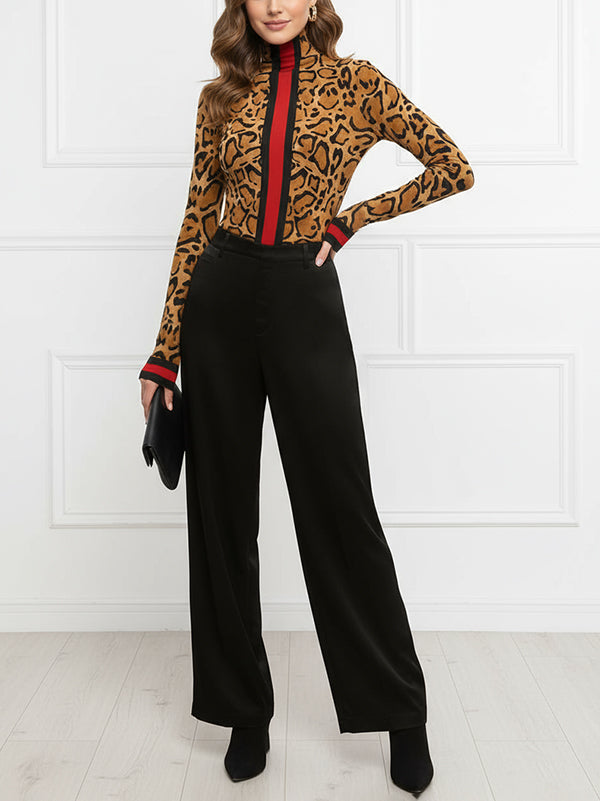 High Neck Leopard Print Long Sleeve Top with Contrast Color