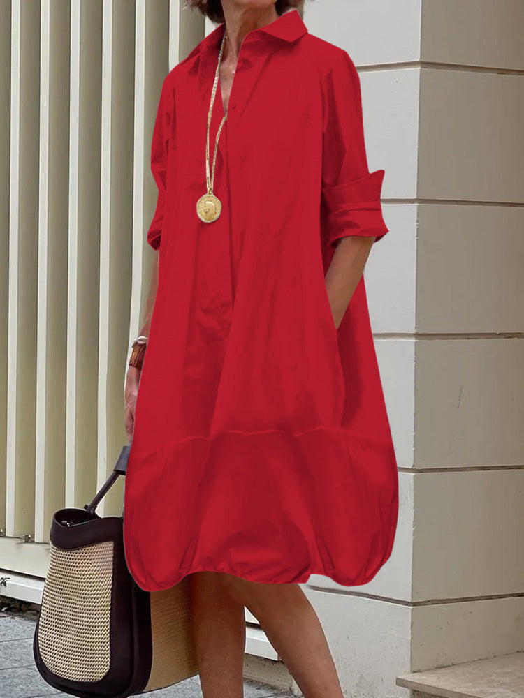 Loose-Fit Midi Shirt Dress with Long Sleeves and Lapel Collar in Solid Colors