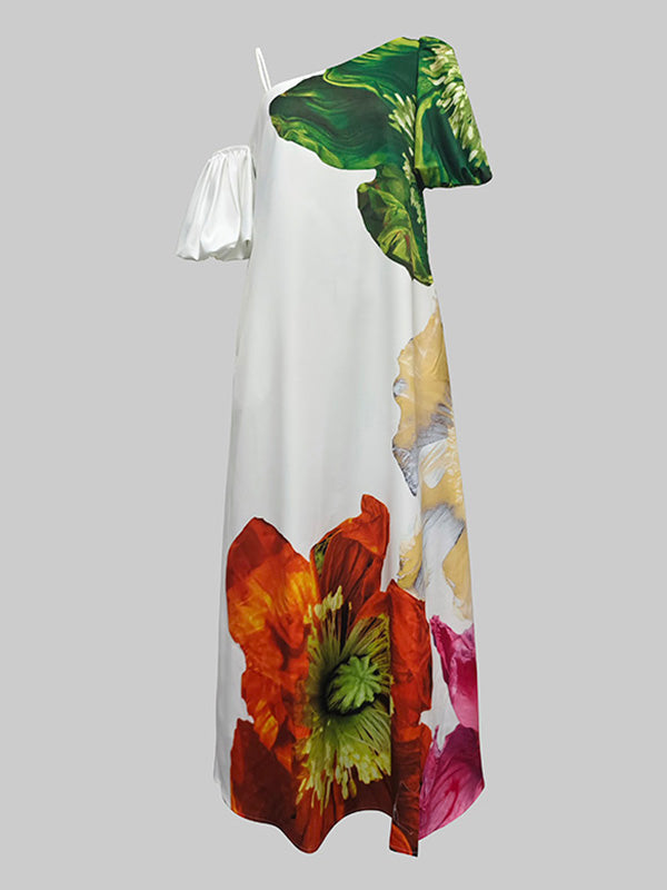 One-Shoulder A-Line Maxi Dress with Loose Fit and Floral Print