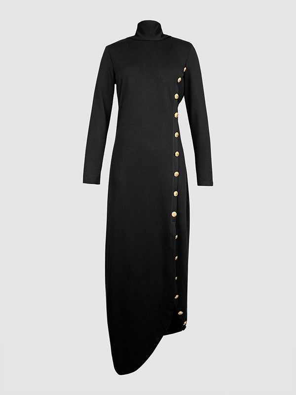Long Sleeve Loose-Fit Asymmetric Button-Up Mock Neck Maxi Dress with Side Split