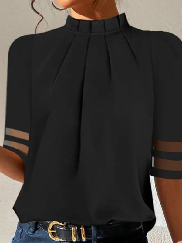 Sheer Pleated Split-Joint T-Shirt with Loose Short Sleeves and Stand Collar