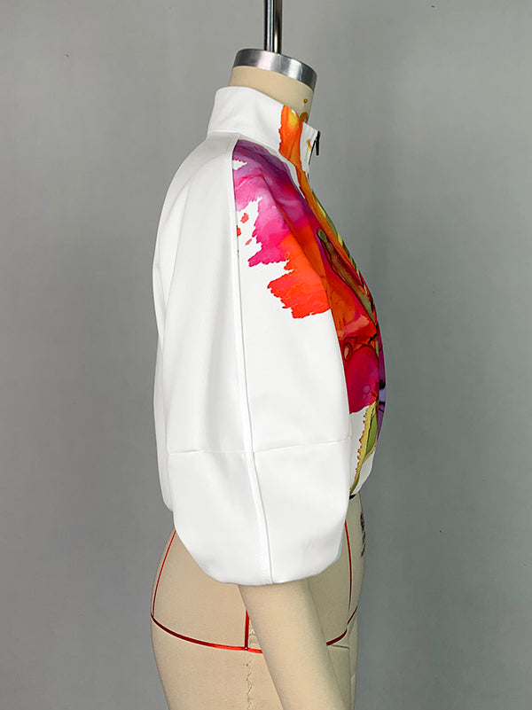 Asymmetric Floral Print High Neck Outerwear with Loose Puff Sleeves