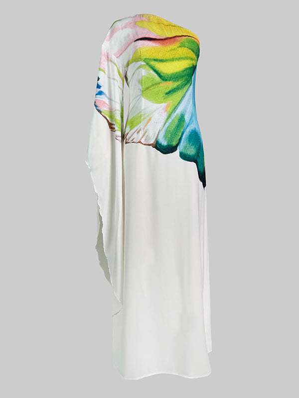 One-Shoulder Maxi Dress with Long Sleeves and Asymmetric Flower Print
