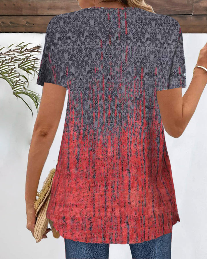 Irregular Short Sleeve Blouse with Faux Two-Piece Design