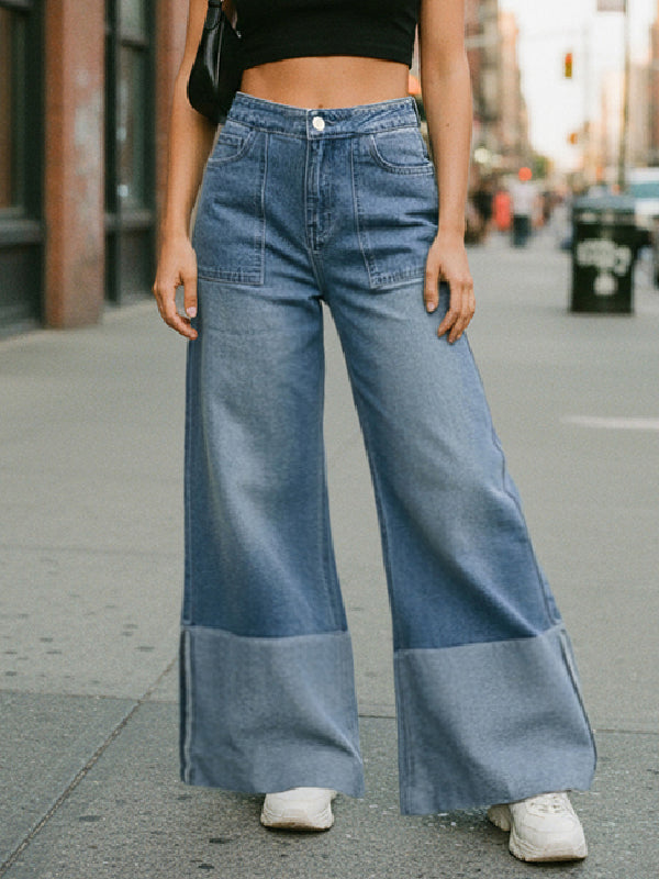 High-Waisted Wide-Leg Jeans with Contrast Color and Pockets
