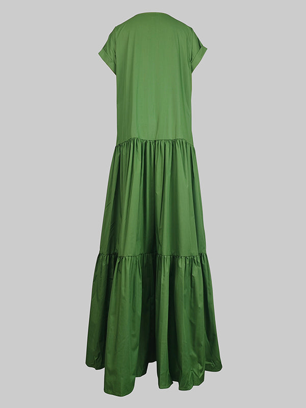 V-Neck Maxi Dress with Pleated Pockets and Loose Short Sleeves in Solid Colors
