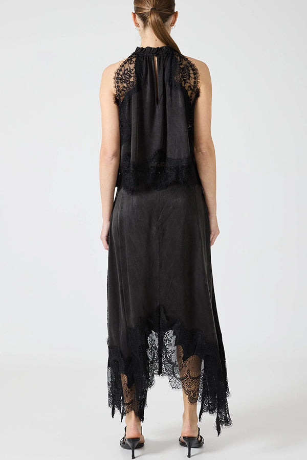 Lace-Trimmed Pleated Collar Top with Asymmetrical Slit Skirt Set