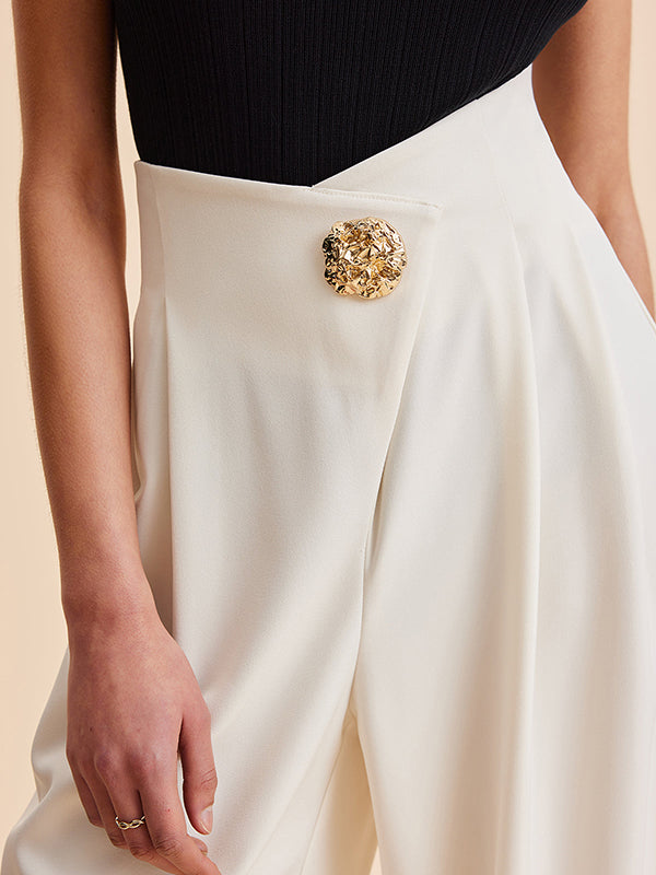 High-Waisted Loose-Fit Buttoned Pleated Solid Pants