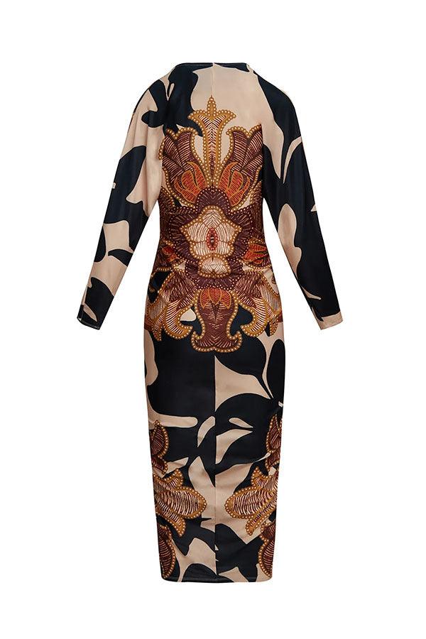 Distinctive Print Long Sleeve Ruched Midi Dress with Slit