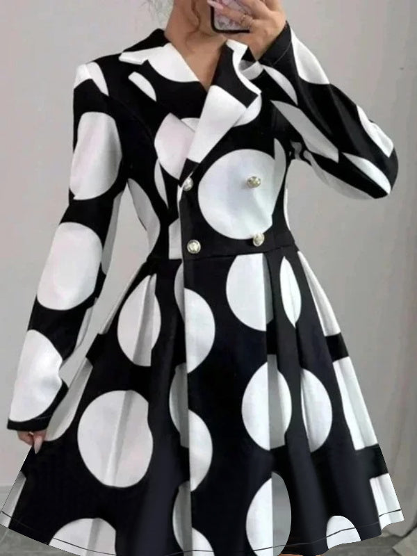 Polka Dot A-Line Mini Dress with High Waist, Button Details, and Contrast Color Pleats