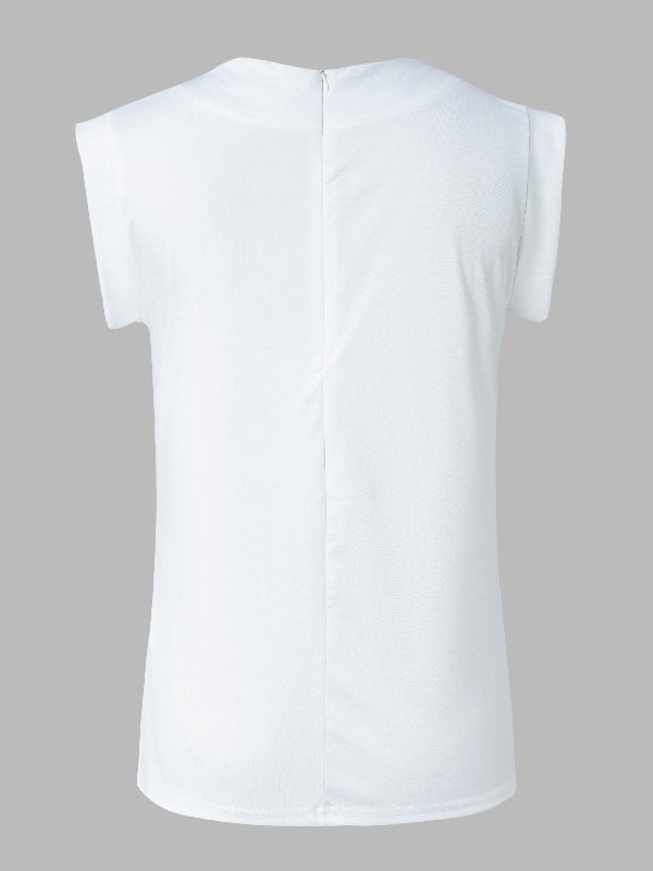 High-Neck Cap Sleeve Loose-Fit Multi-Colored Printed T-Shirt