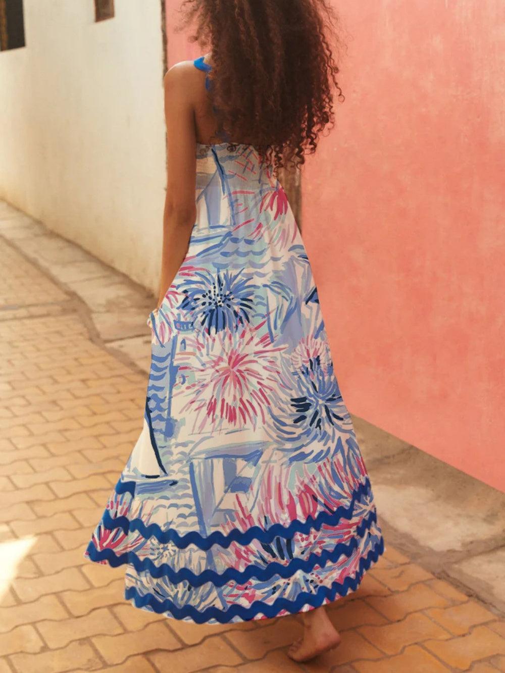 Floral Wave A-Line Dress with Strap Details