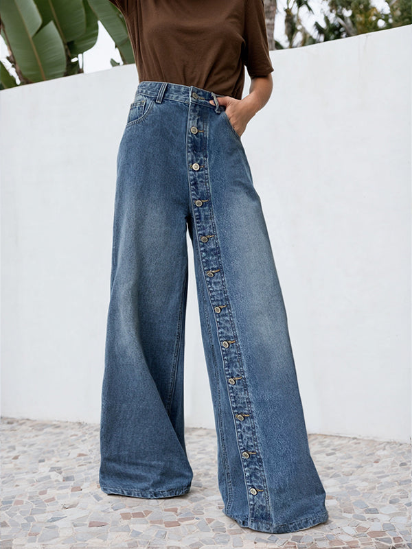 High-Waisted Loose-Fit Jeans with Buttoned Pockets