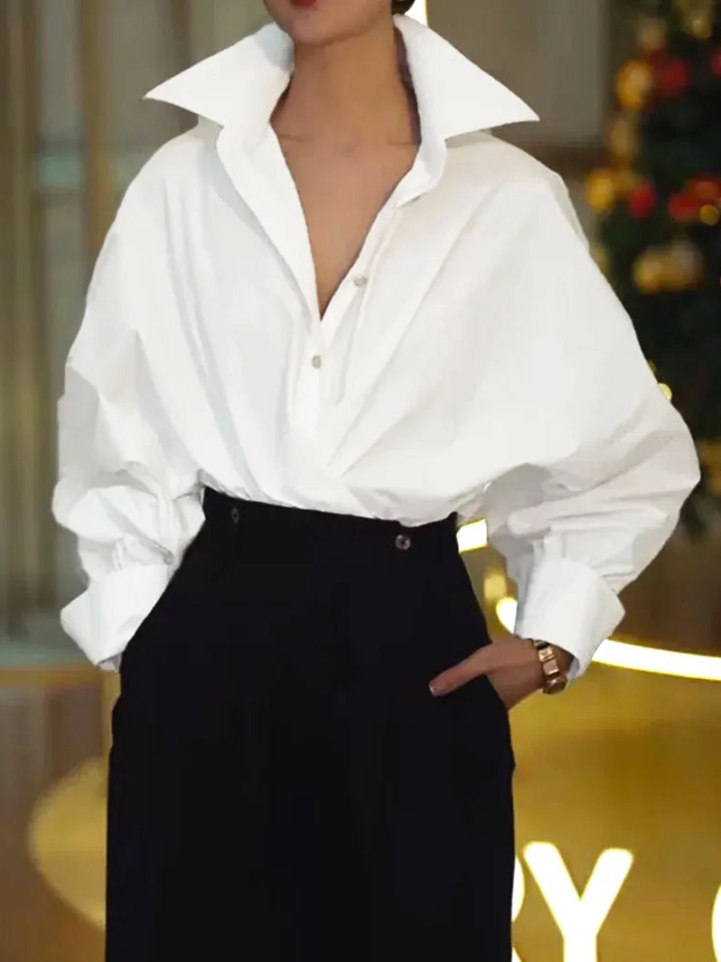 Solid Color Lapel Blouse with Buttoned Batwing Long Sleeves