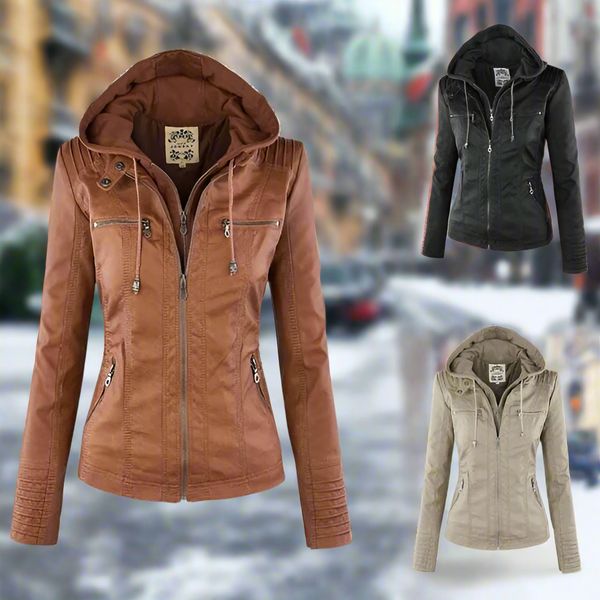 Chic and Multifunctional Hooded Leather Jacket