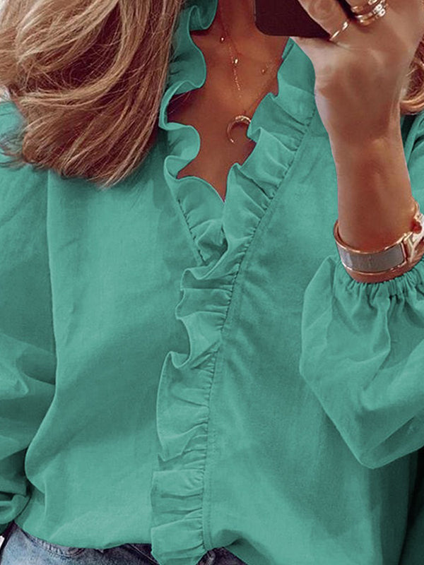 V-Neck Blouses with Puff Sleeves and Ruffled Hem in Solid Colors