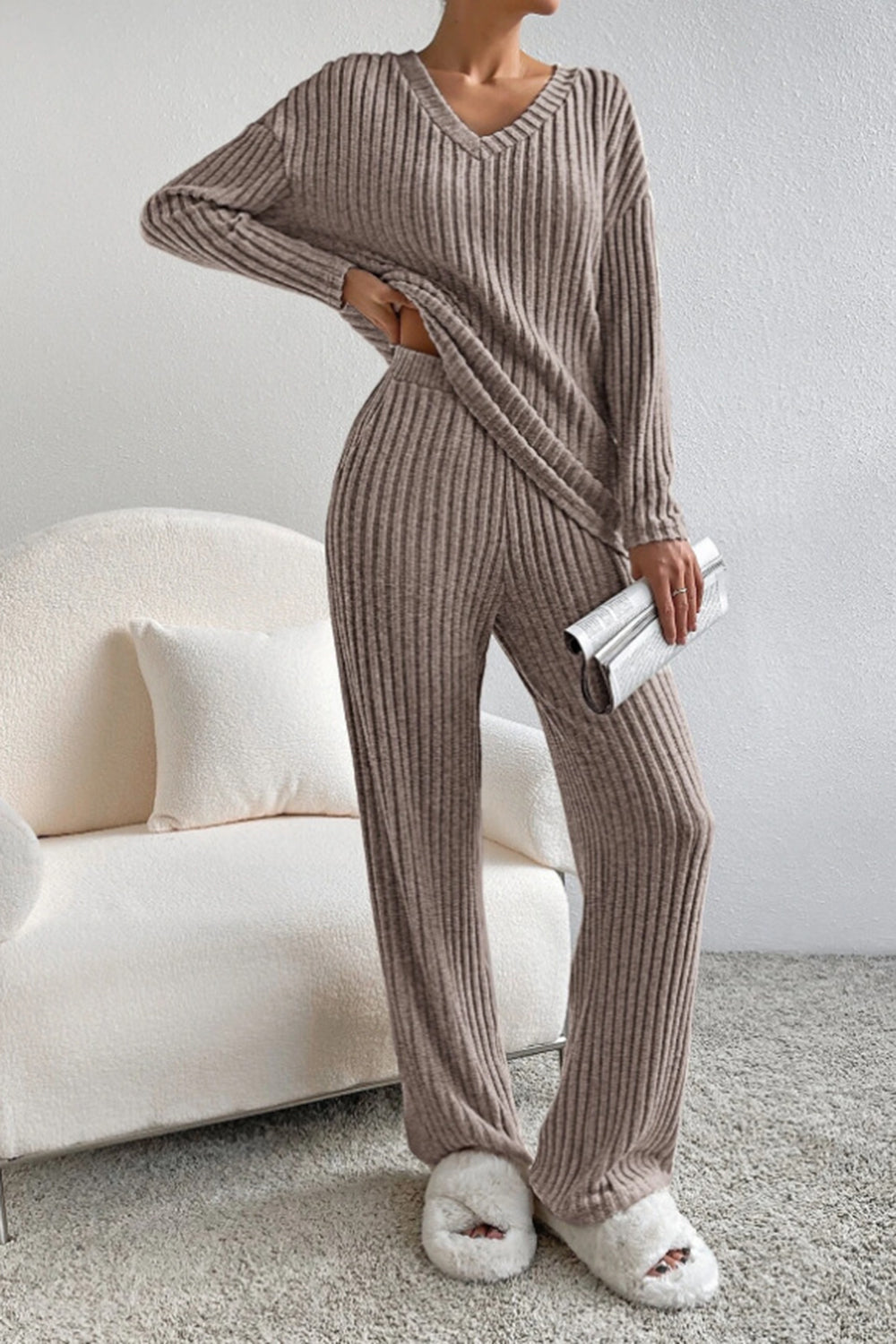 Ribbed V-Neck Top with Matching Pants Set