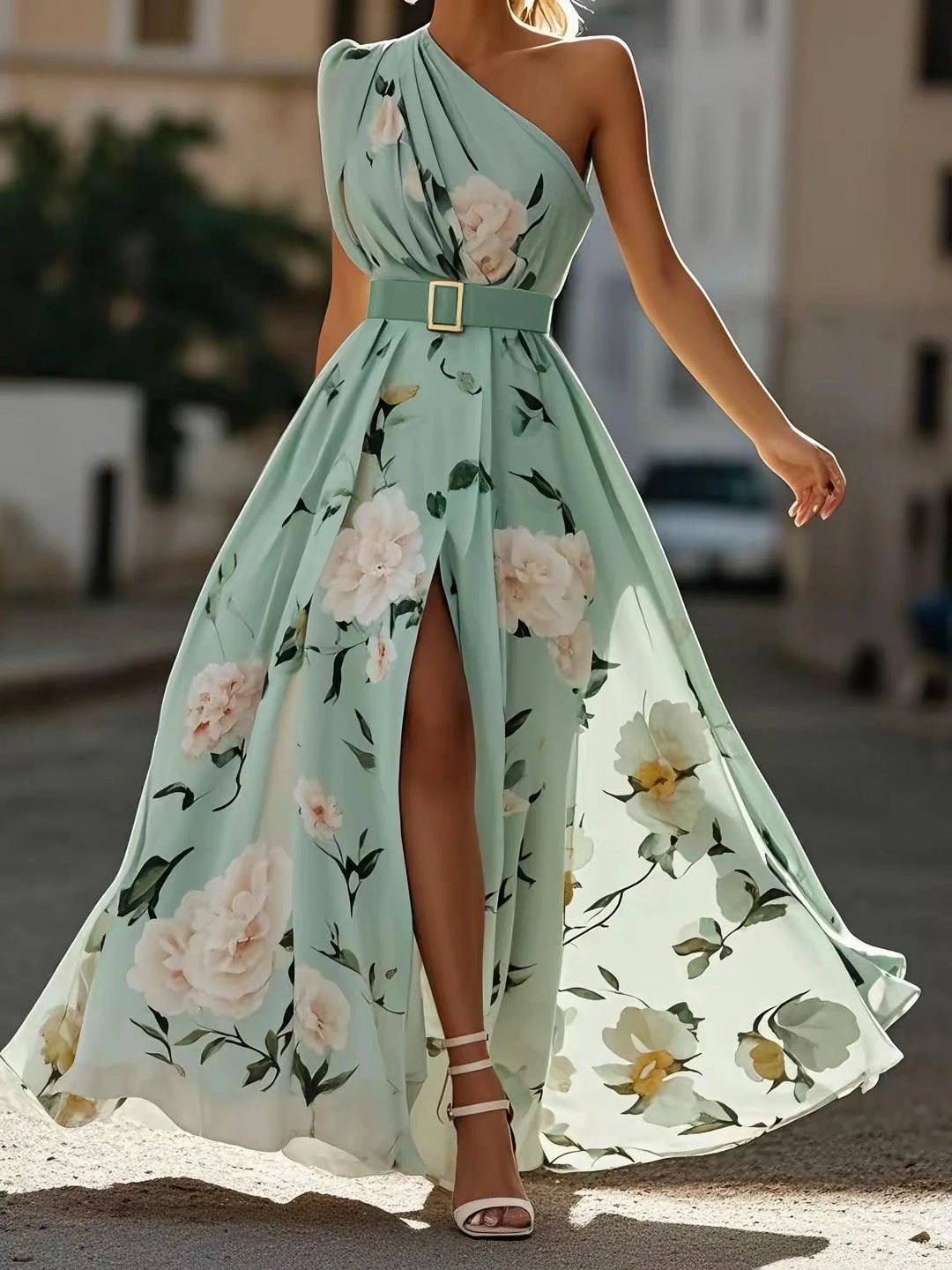 Light Green Floral One-Shoulder A-Line Maxi Dress with Ruched Details