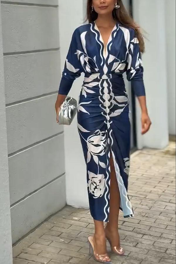 Distinctive Print Long Sleeve Ruched Midi Dress with Slit