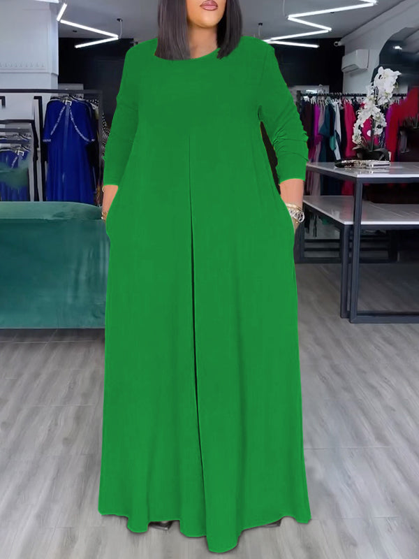Relaxed Fit Wide Leg Jumpsuit with Pockets and Round Neck