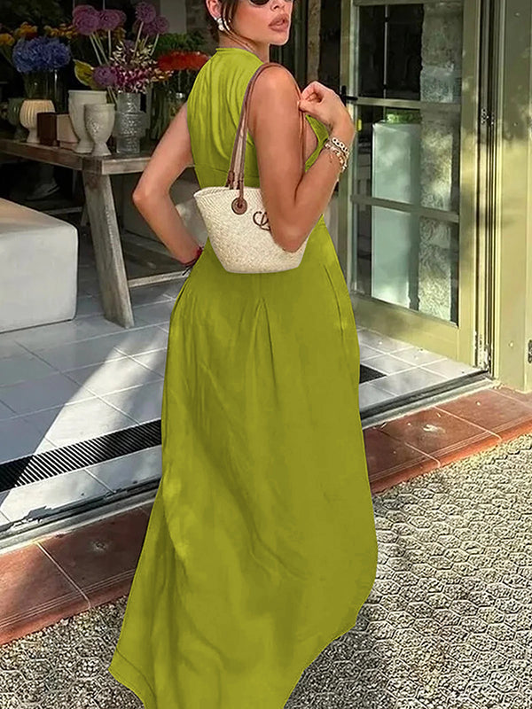 Maxi Dress with A-Line Loose Fit, Pleats, Pockets, Split Joint, and Zipper - Round Neck Design