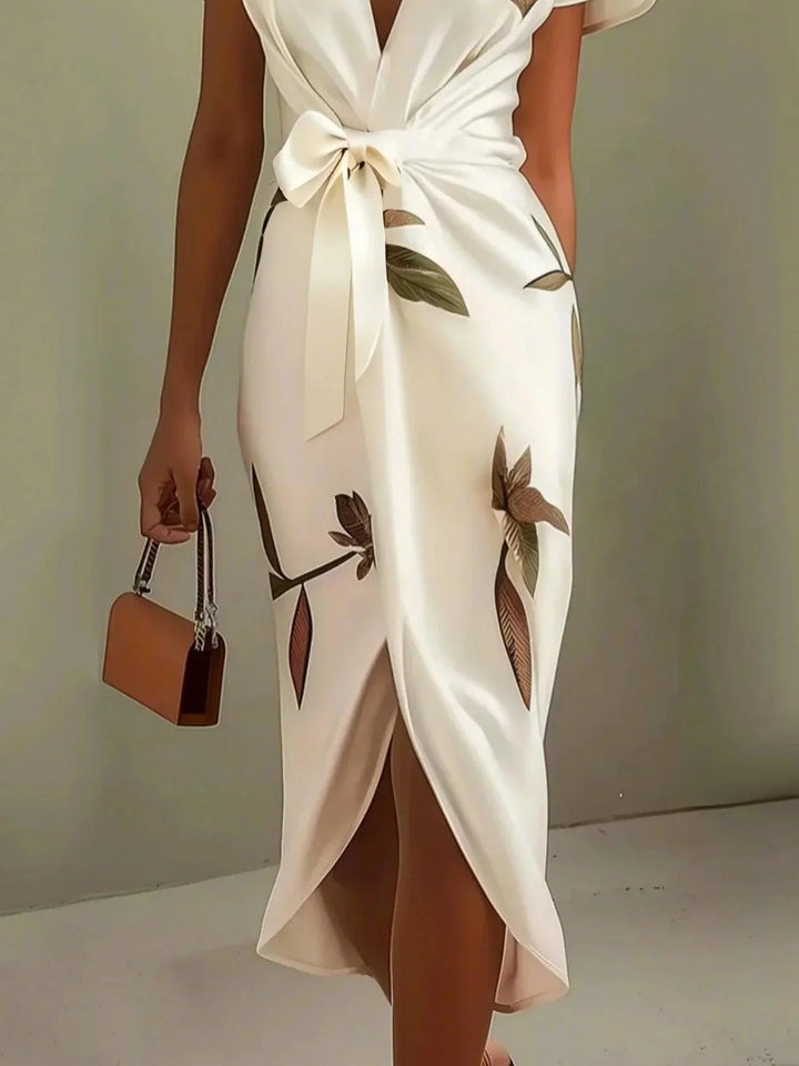 White Leaf Satin Wrap Midi Dress with Short Sleeves