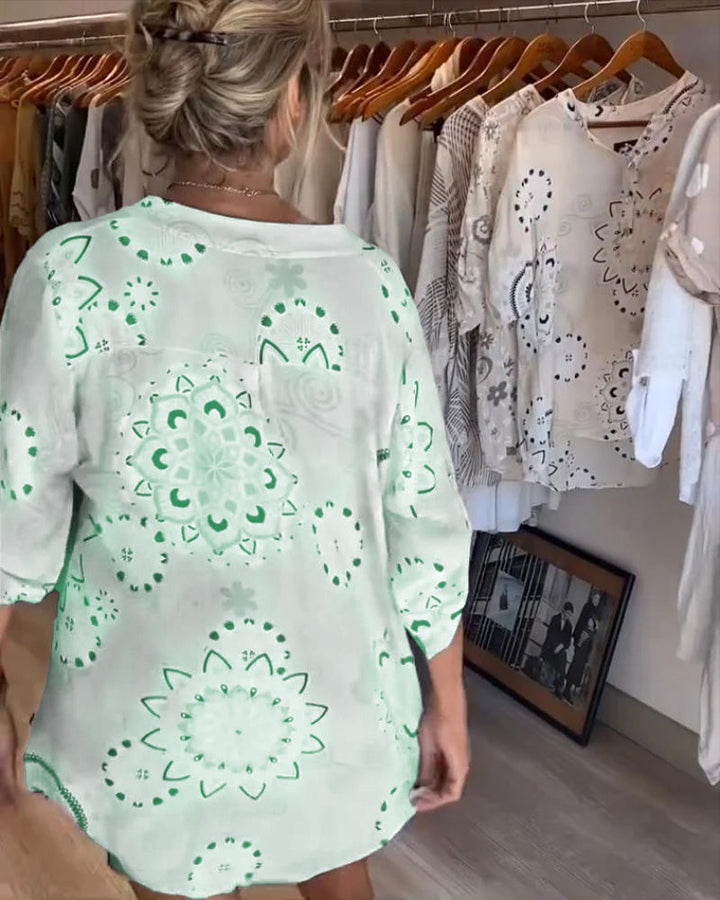 Versatile V-Neck Printed Blouse with Half Sleeves