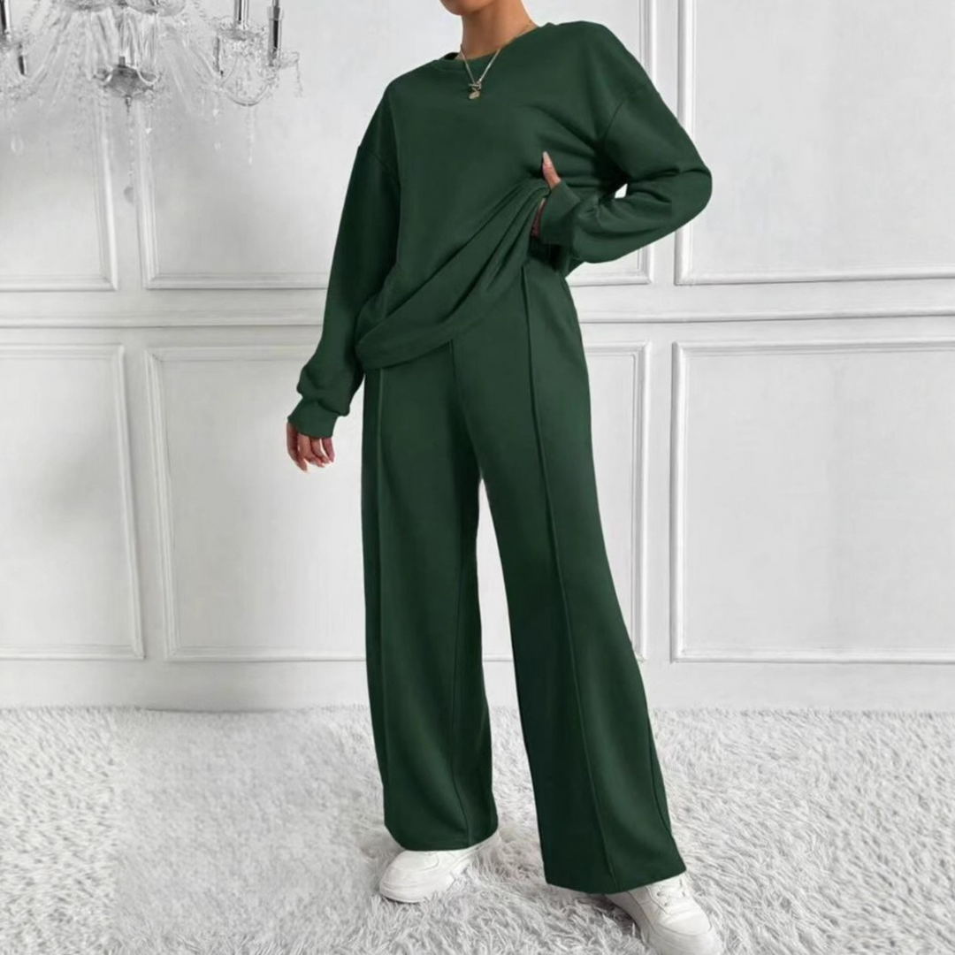 AMBRA™ - Relaxed Long Sleeve Sweatshirt with High-Waisted Pants Ensemble