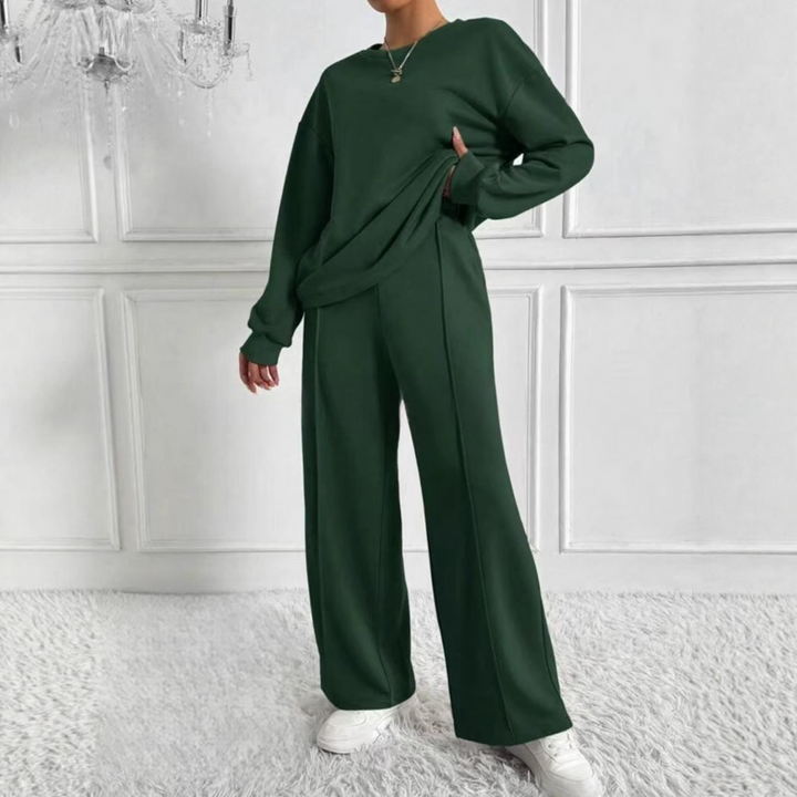 AMBRA™ - Relaxed Long Sleeve Sweatshirt with High-Waisted Pants Ensemble