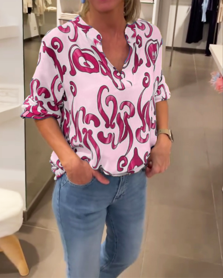 חולצה ארוכת שרוולים עם צווארון וי והדפסה אופנתית