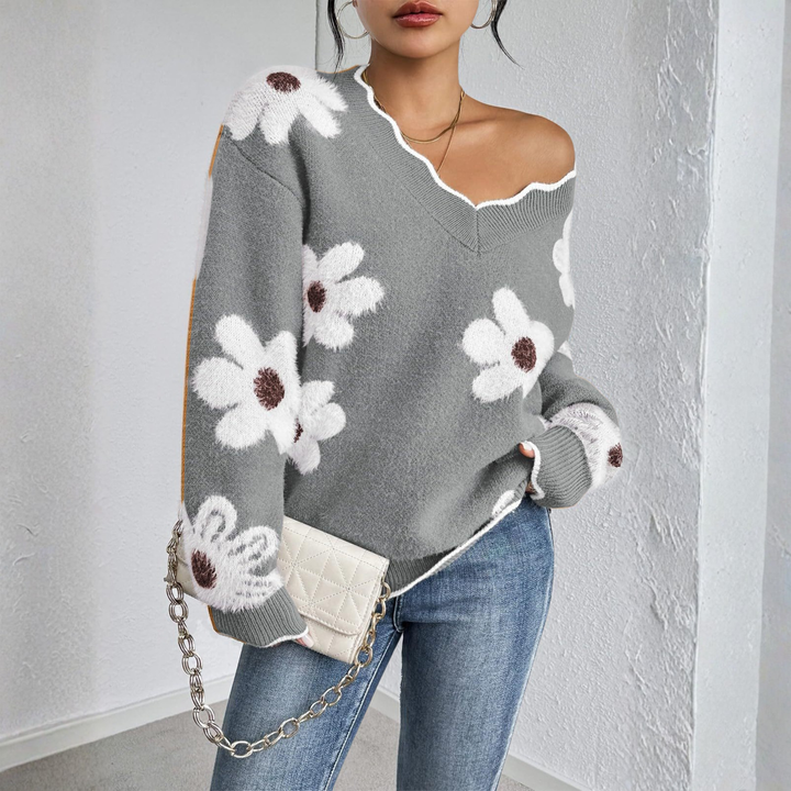 KYUPA™ - Relaxed V-Neck Pullover with Long Sleeves and Dropped Shoulders