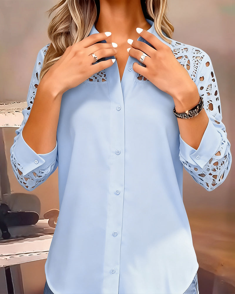 Lace Patchwork Solid Color Lapel Blouse