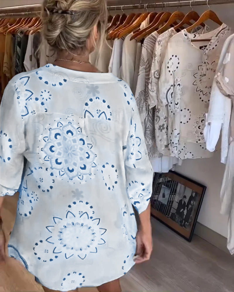 Versatile V-Neck Printed Blouse with Half Sleeves