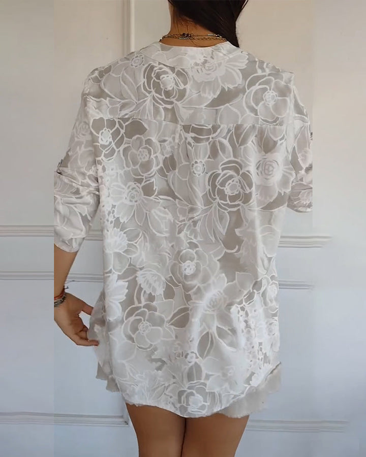 Printed V-Neck Button-Up Blouse