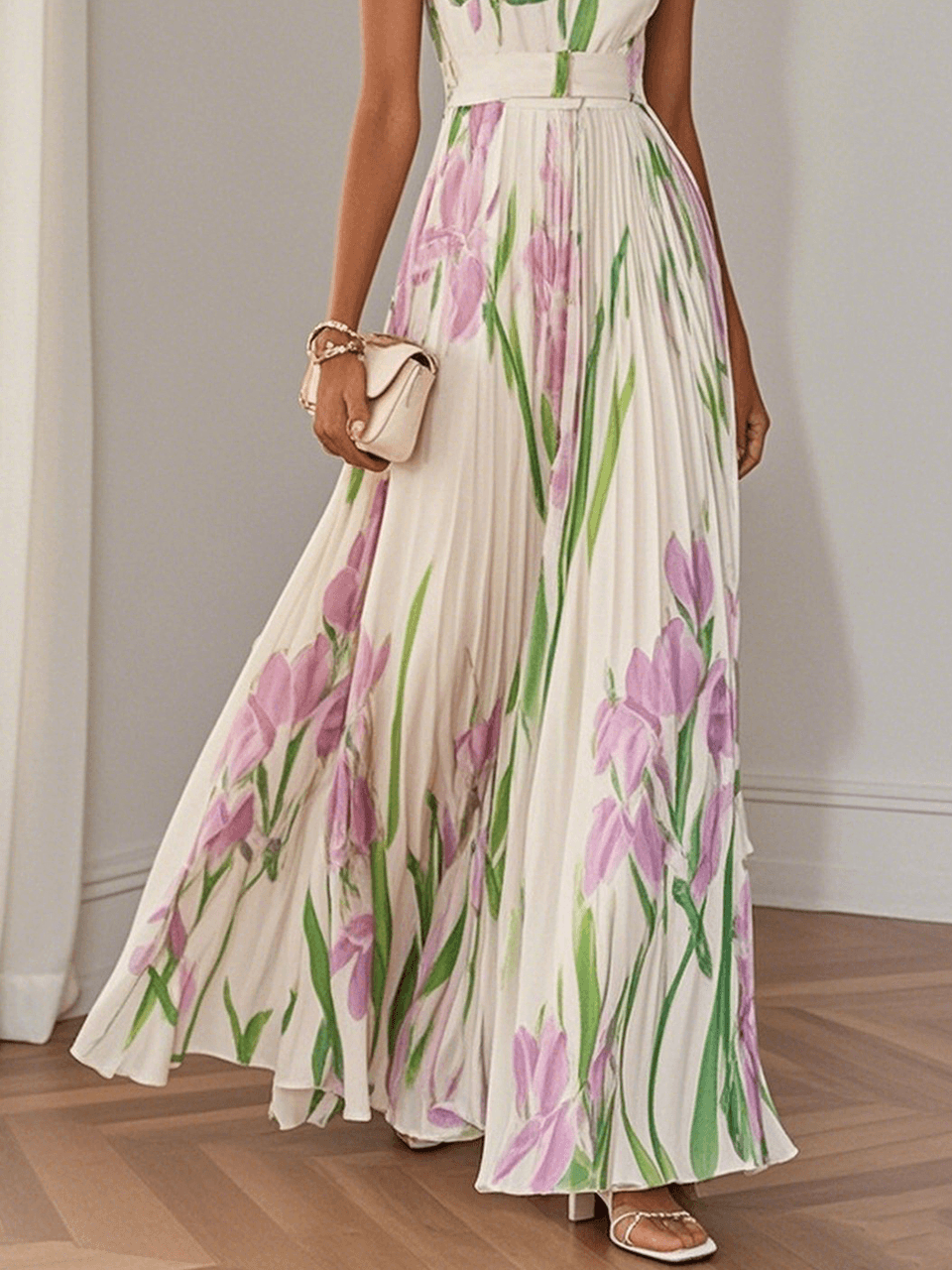 Floral Chiffon A-Line Maxi Dress with White Pleats and Square Neckline