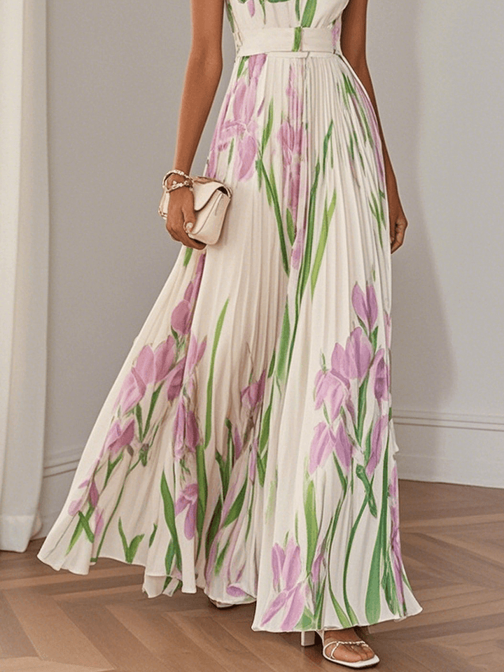 Floral Chiffon A-Line Maxi Dress with White Pleats and Square Neckline