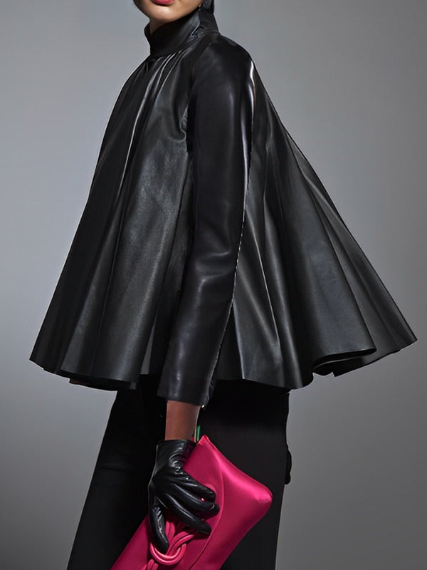 Solid Color A-Line Leather Top with Long Sleeves and Flared Hem