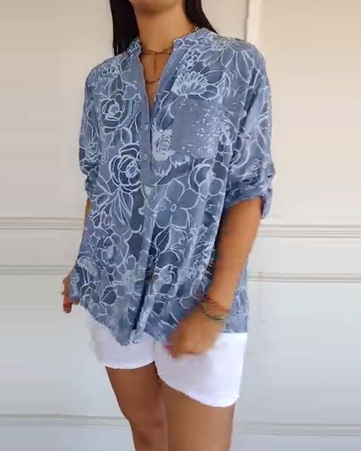 Printed V-Neck Button-Up Blouse