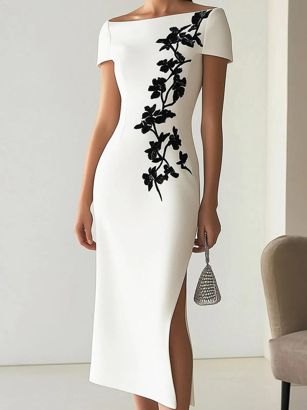 Elegant Floral Boat Neck Midi Dress