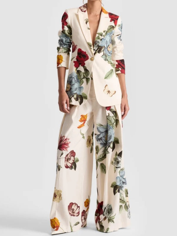 Floral Print Blazer with Long Sleeves, Button Closure, Pockets, and Notched Collar