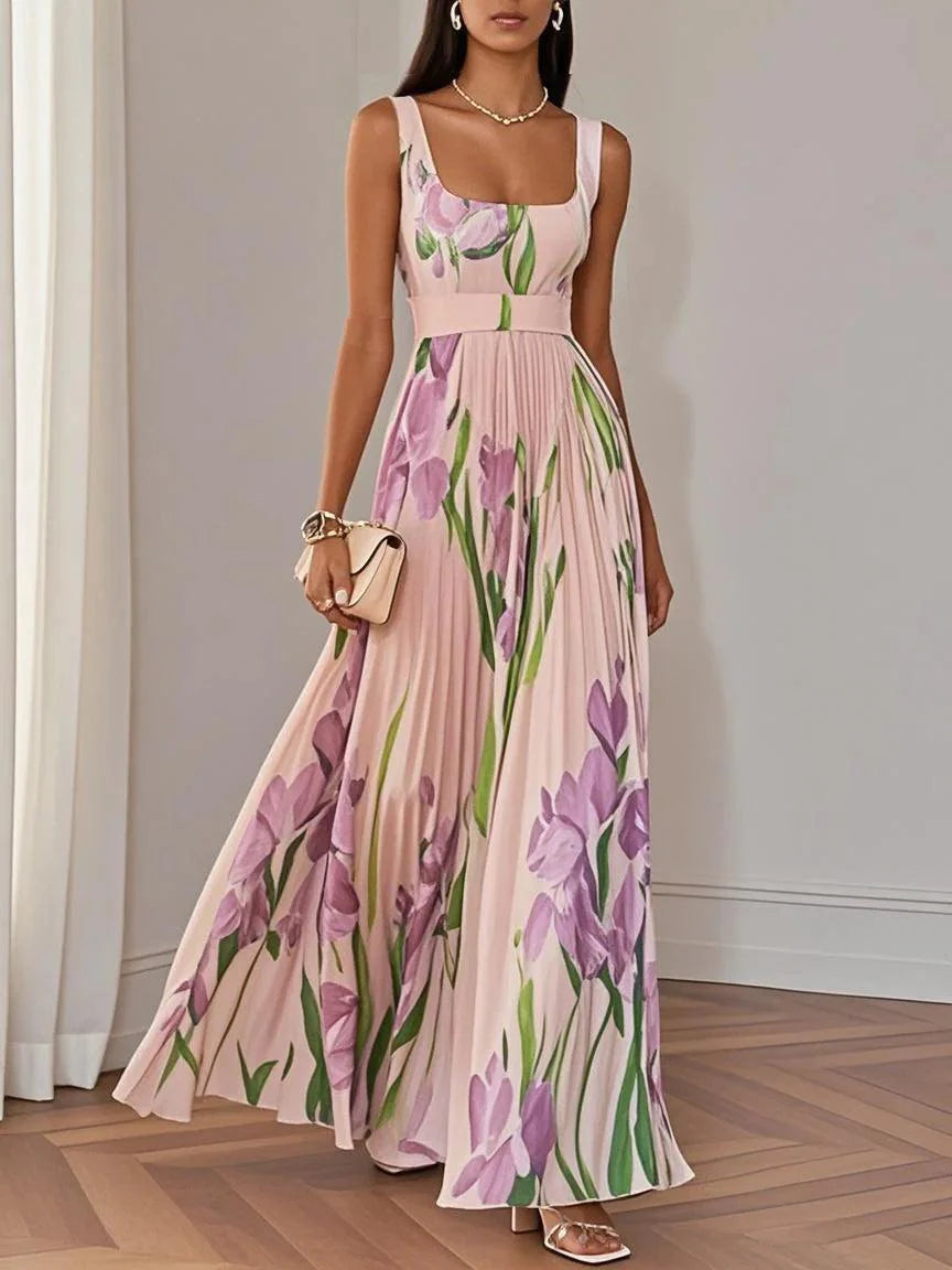 Floral Chiffon A-Line Maxi Dress with White Pleats and Square Neckline