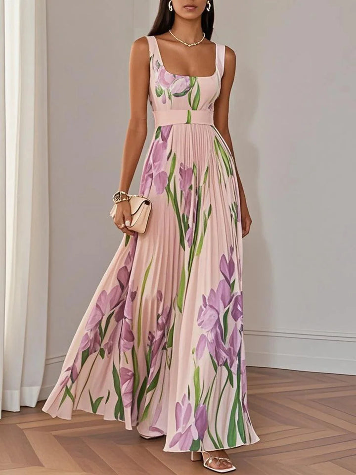 Floral Chiffon A-Line Maxi Dress with White Pleats and Square Neckline