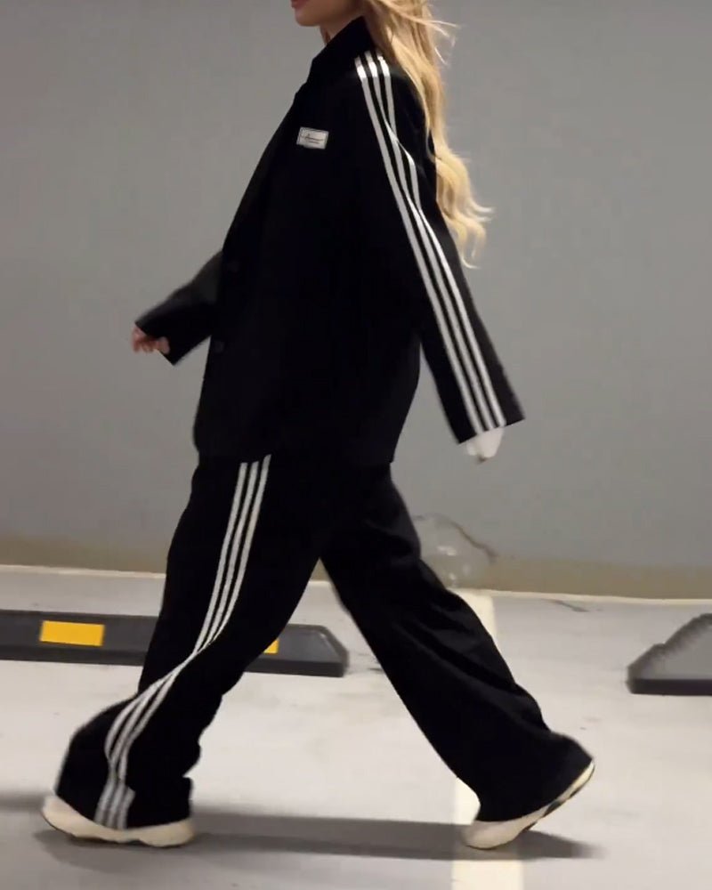 Chic Striped Blazer and Wide-Leg Pants Set